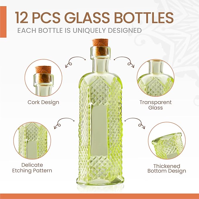 Small Mini Green Vintage Glass Bottles with Corks, Mini Vases, Decorative, Potion, Assorted Design Set of 12 pcs, 4.6 Inch Tall (11.43cm), 1.4 Inch Wide (3.56cm)