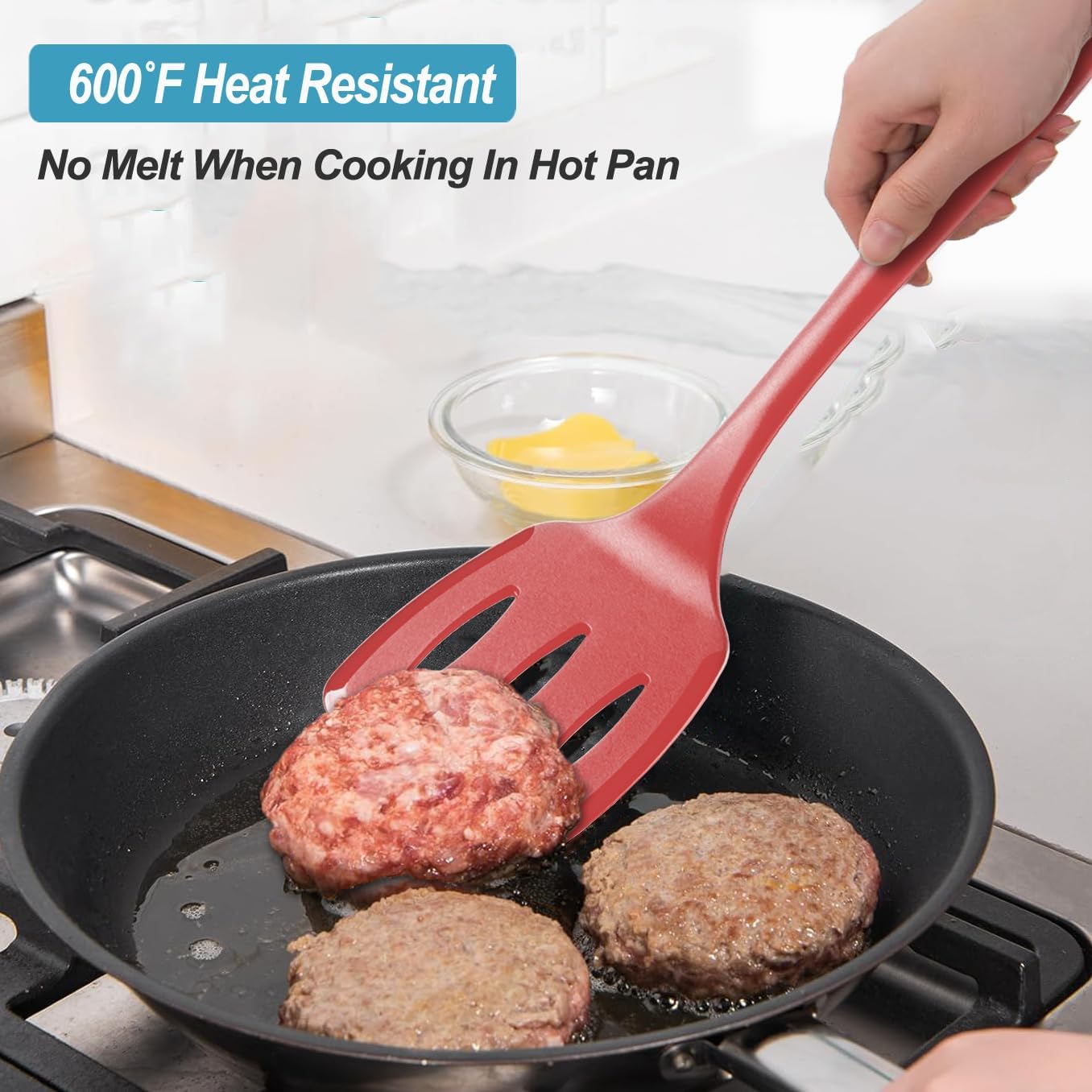 600˚F Heat Resistant Silicone Spatula Set, 13.6" Kitchen Spatula Turners for Non Stick Cookware, Flexible Spatulas with Thin Edges, Seamless Cooking Utensils for Fish, Eggs, Pancakes, Red