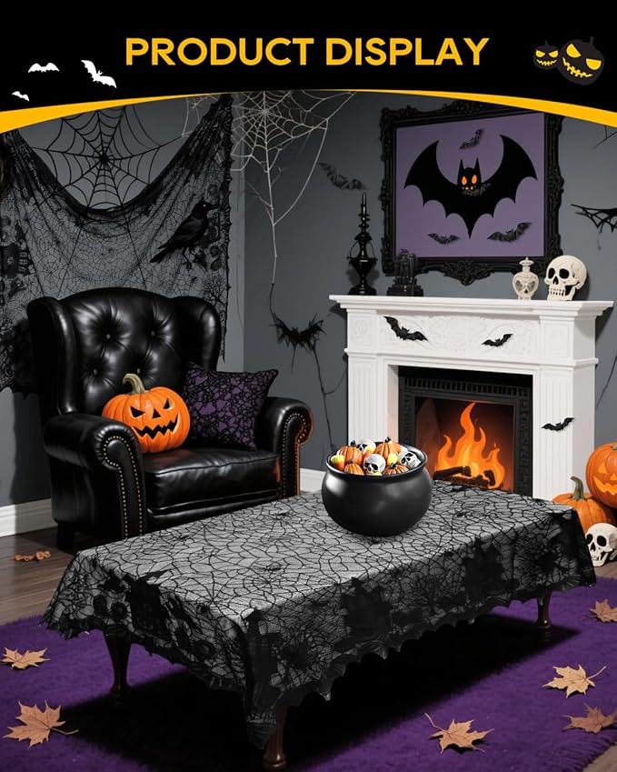 eZAKKA Halloween Table Cloth with 16 Pcs Bats Wall Decor, Spider Web Table Cloth Black Tablecloth Lace Fabric Table Cloths for Rectangle for Parties Gothic Spooky Home Decorations, 53x68 Inch