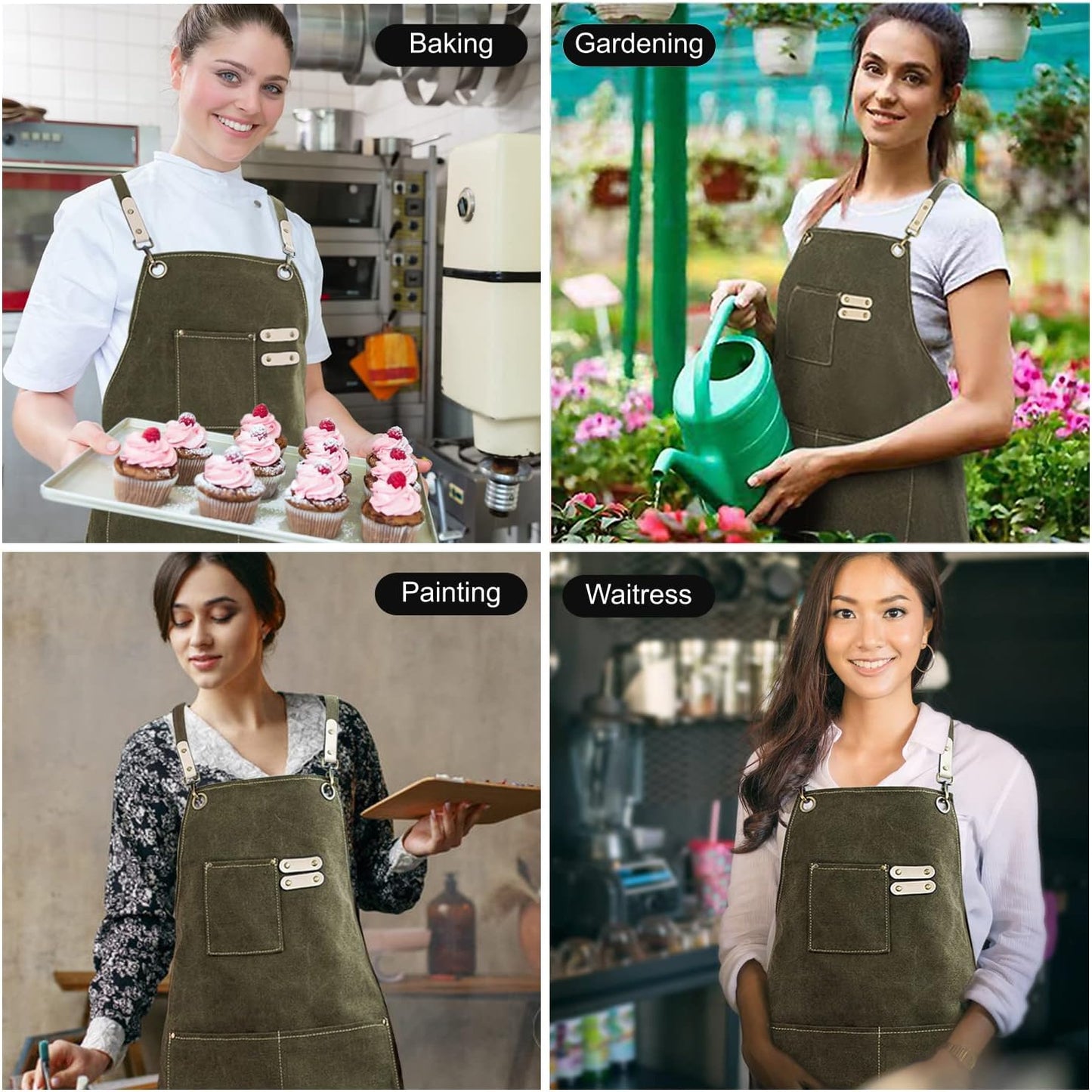 Cotton Canvas Cross Back Apron for Art Painting Garden Chef Bartender Work,Women Men 3 Pockets Waterproof Adjustable M-XXL