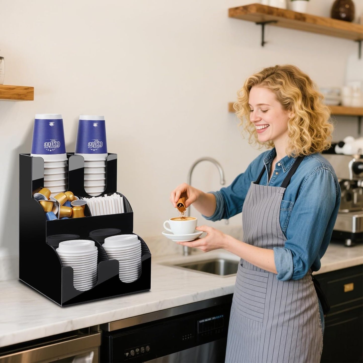 MYITYARD Coffee Station Organizer, 3-Tier Coffee Bar Accessories for Countertop, Acrylic Condiment and Cup Storage Organizer, 6 Compartments, Cup and Lid Holder for Pods, Syrup, Stirrer