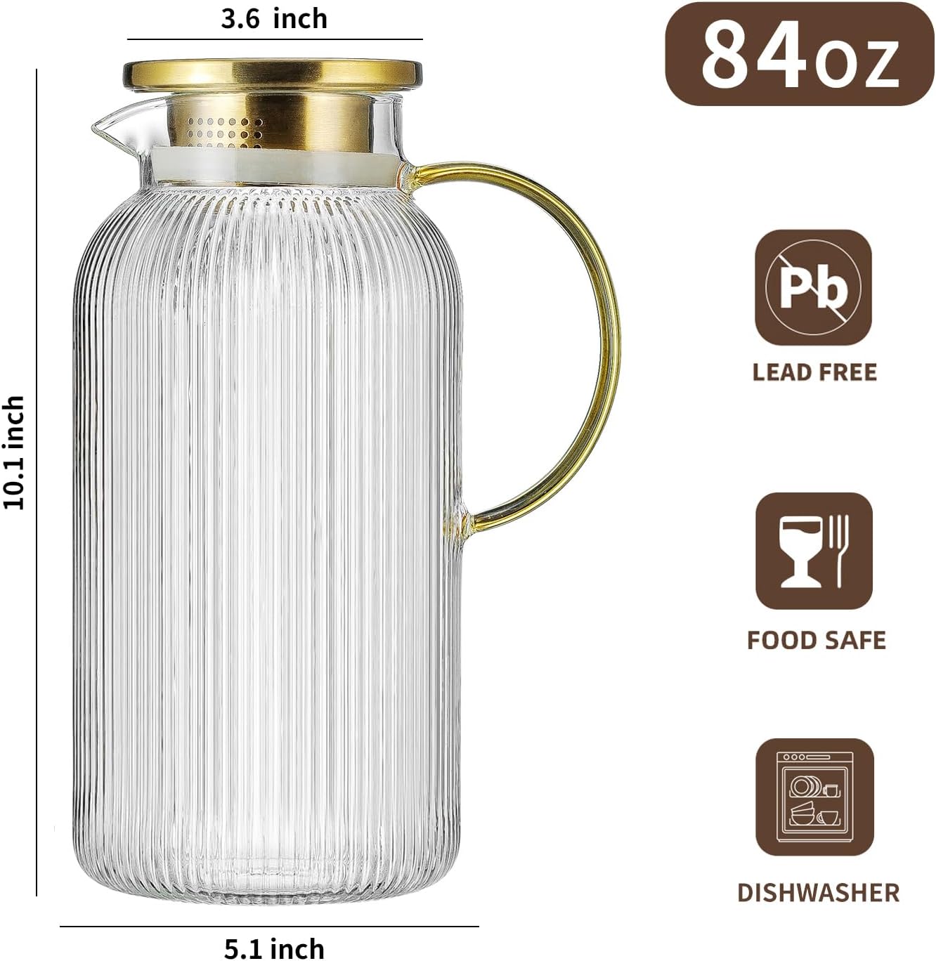 Glass Pitcher with Lid, 84oz/2.5 Liter Classic Vertical Stripes Water Pitcher,Glass Water Carafe for Cold Brew, Coffee, Lemonade, Iced Sun Tea,Beverage, Milk, Heat Resistant