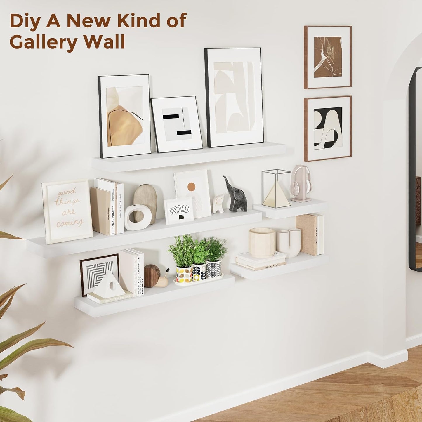 Heimlove 48 Inch Floating Shelves for Wall 8 Inch Deep White Shelves Set of 2,Wall Mounted Rustic Wood Long Floating Shelf，Large Display & Storage Shelf with Invisible Brackets