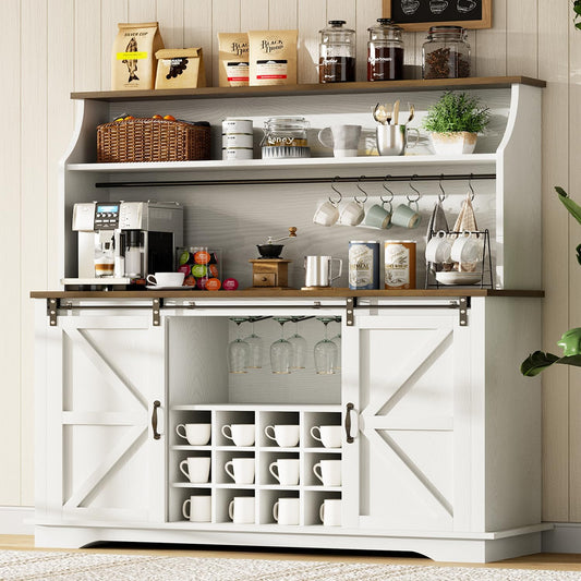 55 Inch Farmhouse Coffee Bar Cabinet with 3-Tier Enclosed Storage Cabinet, Kitchen Hutch with 12 Wine Racks & 3 Glass Holders, Coffee Bar with 6 Hooks, Wood Furniture for Dining Living Room, White