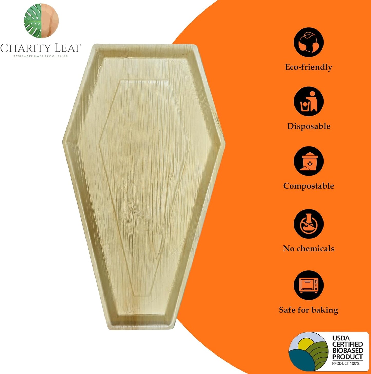 Charity Leaf Disposable Palm Leaf 22"x12" Coffin Trays (25 Pieces) Bamboo Like Serving Platters, Disposable Boards, Eco-Friendly Dinnerware for Christmas, Weddings, Catering, Events