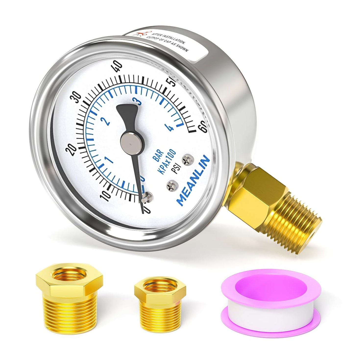MEANLIN MEASURE 0~60Psi Dry Pressure Gauge Stainless Steel 1/4" NPT 2" FACE DIAL Waterproof for Pool Filter Pump Oil Air Compressor Tire Pressure Tester Lower Mount with 1/2" NPT and 3/8" NPT Hex Bush