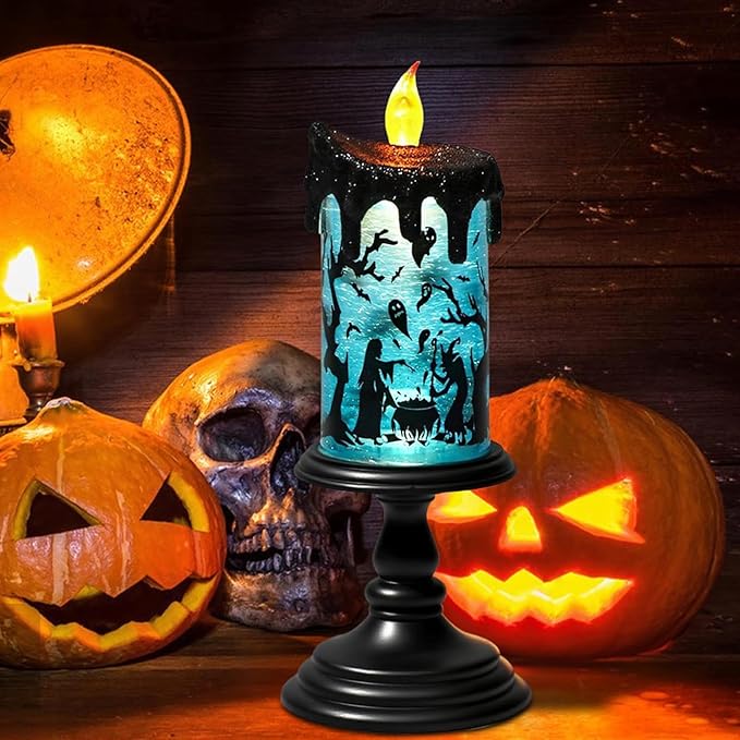Eldnacele Halloween Snow Globe Flameless Candle with Timer, Battery Operated Spooky Spinning Water Glittering Tornado Lamp LED Candlestick Table Fireplace Witch Decal Halloween Holiday Decoration