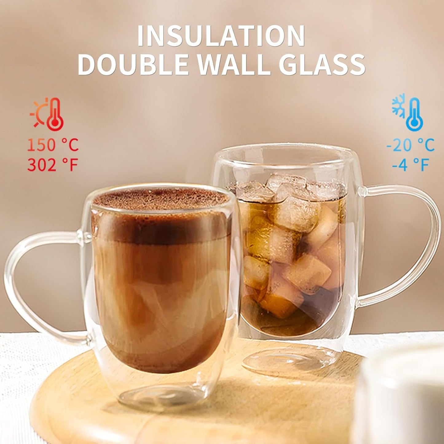 12OZ Double Wall Glass Cups With Handle, Large Glass Mugs Espresso Cups Set of 2, 330ML Clear Coffee Cup, Double Wall Insulated Mugs, Microwave Dishwasher Safe