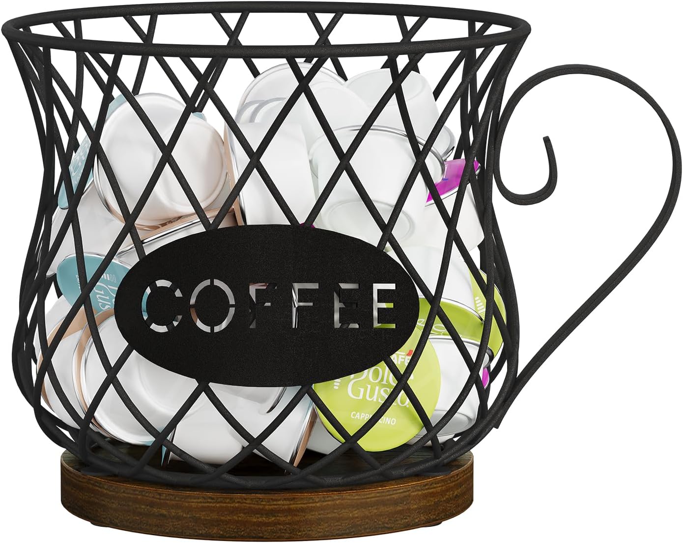 YINMIT K Cup Holder Organizer, Rustic Coffee Pod Holder Organizer, 35 Kcup Holder for Counter with Handle，Large Capacity Black Wire Coffee Capsule Basket for Kitchen Office Desktop (Circular Grid)