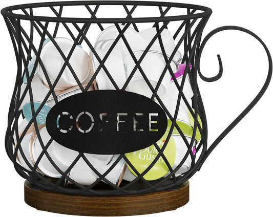YINMIT K Cup Holder Organizer, Rustic Coffee Pod Holder Organizer, 35 Kcup Holder for Counter with Handle，Large Capacity Black Wire Coffee Capsule Basket for Kitchen Office Desktop (Circular Grid)
