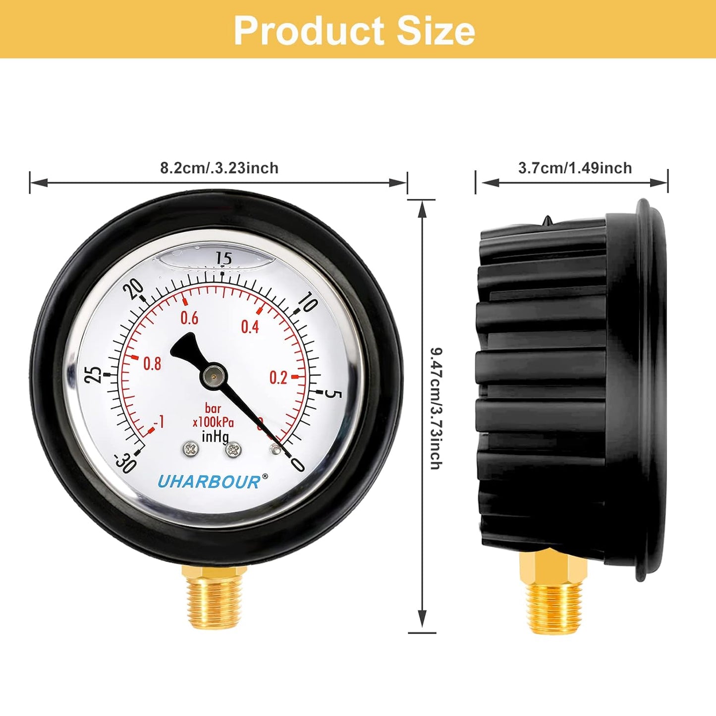 Vacuum Gauge 2-1/2" Dial Liquid Filled -30 inhg/0, Rubber Protective Case, 1/4" Brass Lower Mount, Including 1/4" to 1/8" Thread Adapter and Teflon Tape