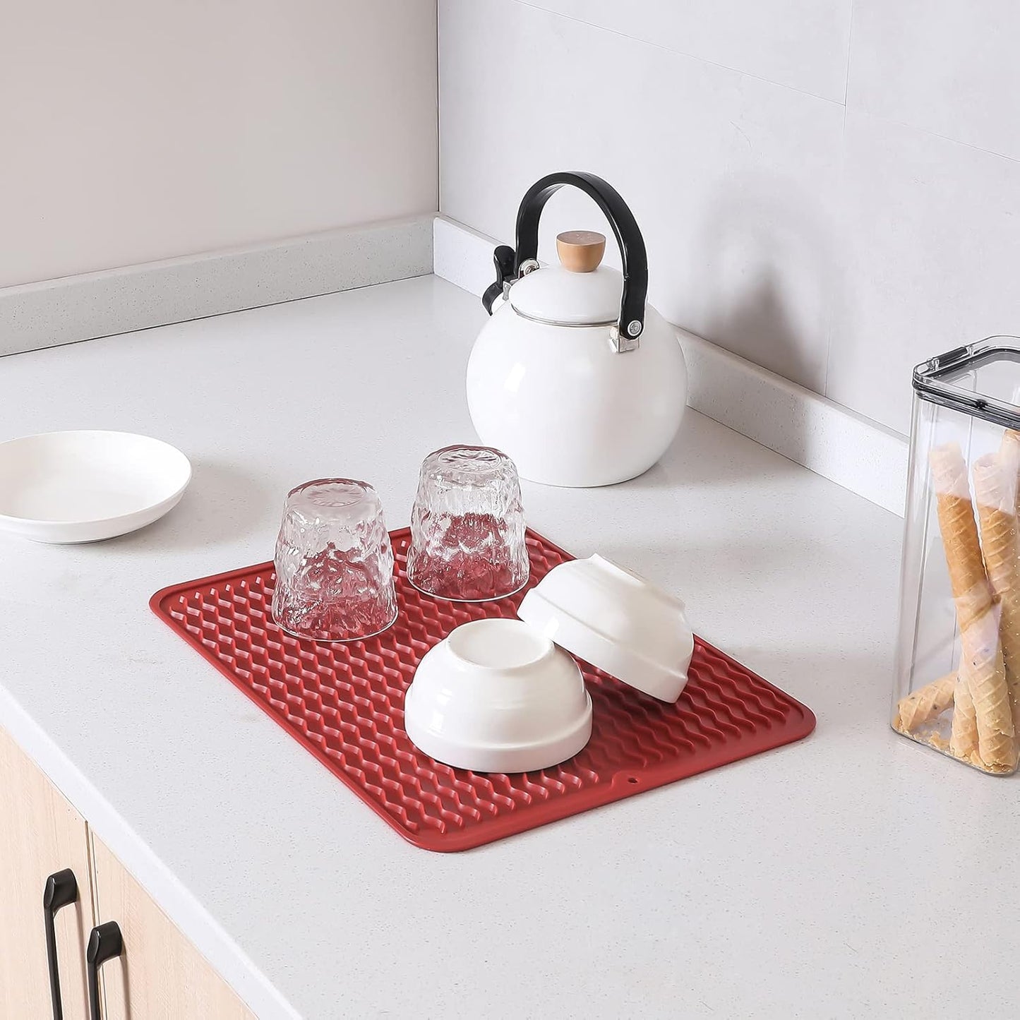 Silicone Dish Drying Mat for Multiple Usage,Easy clean,Eco-friendly,Heat-resistant Silicone Mat for Kitchen Counter or Sink,Refrigerator or drawer liner Red L 16 inches x 12 inches