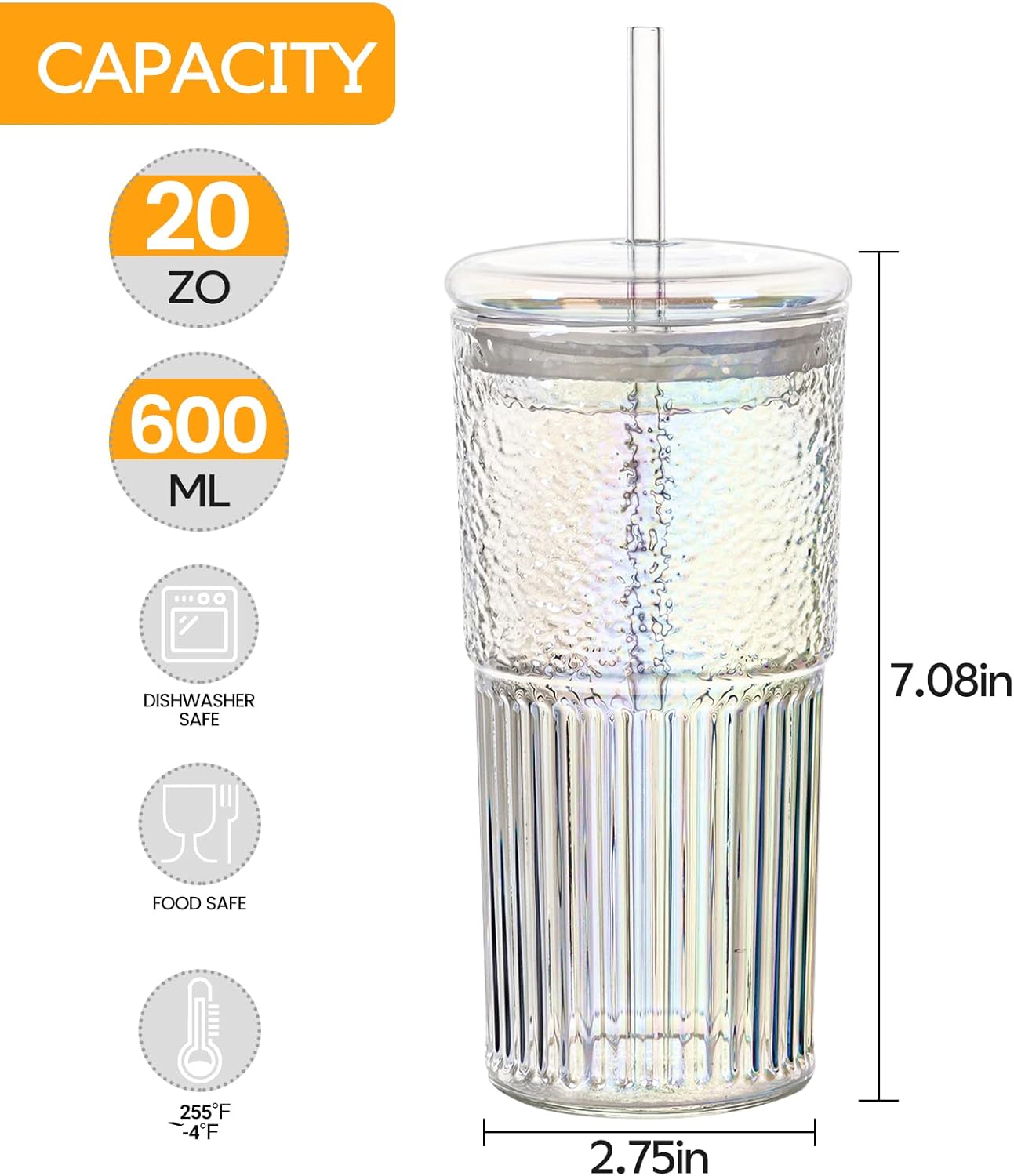 Colorful High Borosilicate Glass Cups With Lids and Glass Straws，20 OZ Rainbow Iced Coffee Water Tumbler Smoothie