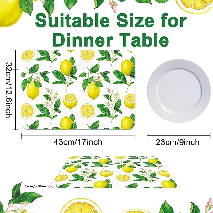 Lemon Placemats Set of 6 Summer Plastic Table Mats Yellow Lemonade Theme Place Mats Washable Vinyl Rustic Holiday Table Decoration for Indoor Outdoor Party Kitchen Dining