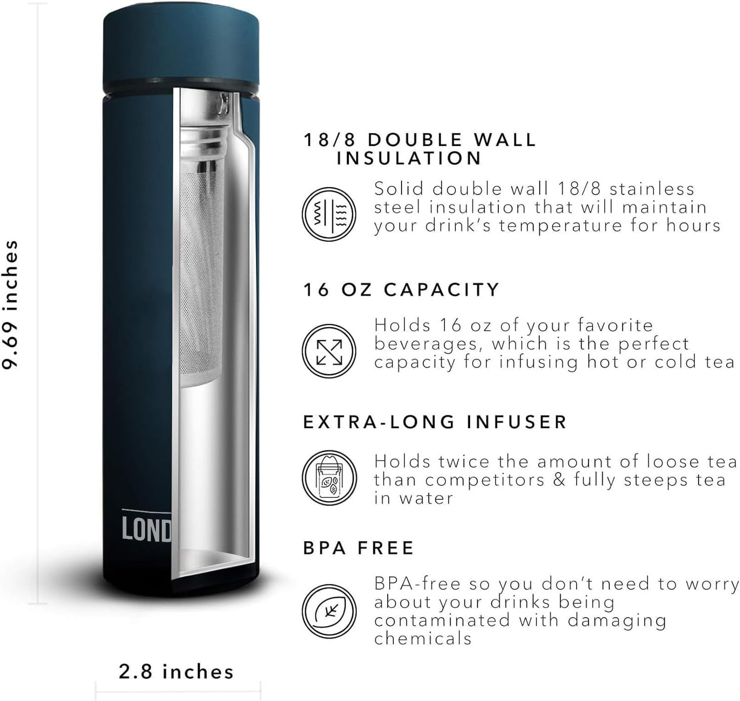 London Sip Multi-Purpose Travel Mug and Tumbler Fruit Infused Flask Hot and Cold Double Wall Stainless Steel Thermos with Extra-Long Infuser, Midnight Teal, Pack of 2