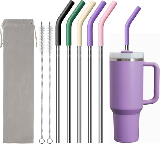 40 oz Metal Straw for Stanley Cup,Simple Modern, Meoky Tumbler, 5 Pcs Reusable Stainless Steel Straws with Silicone Tip, Replacement Straws for 40oz Tumblers, Cleaning Brush, 1 Portable Bag