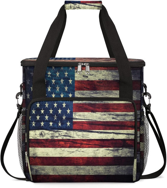 Vintage American Usa Flag Coffee Maker Carring Bag Travel Storage Tote Bag Compatible with Keurig K-Mini or K-Mini Plus Portable Single Serve Coffee Brewer Case with Pockets for K-cup Pods