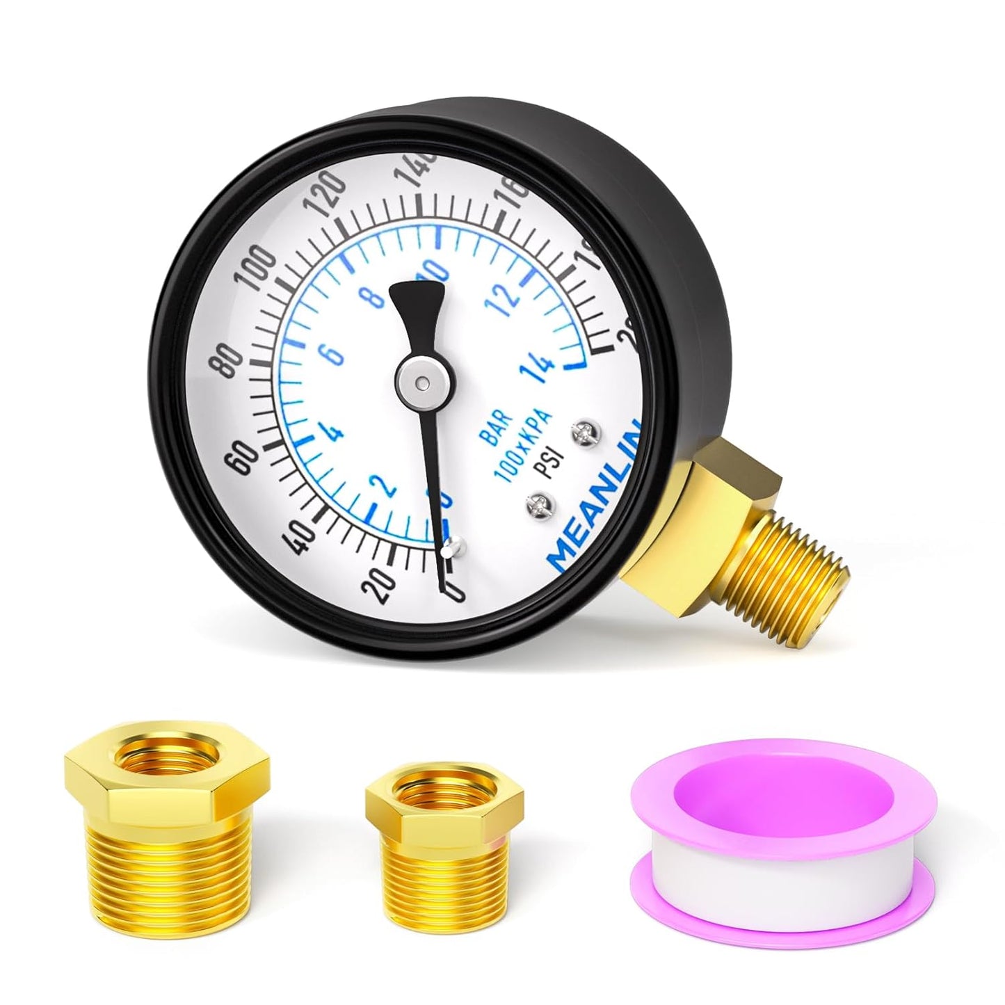 MEANLIN MEASURE 0-200Psi 2" DIAL FACE 1/8" NPT Well Pump Pressure Gauge, with 1/4" NPT and 3/8" NPT Hex Bushing, 3-2-3% Accuracy, Lower Mount