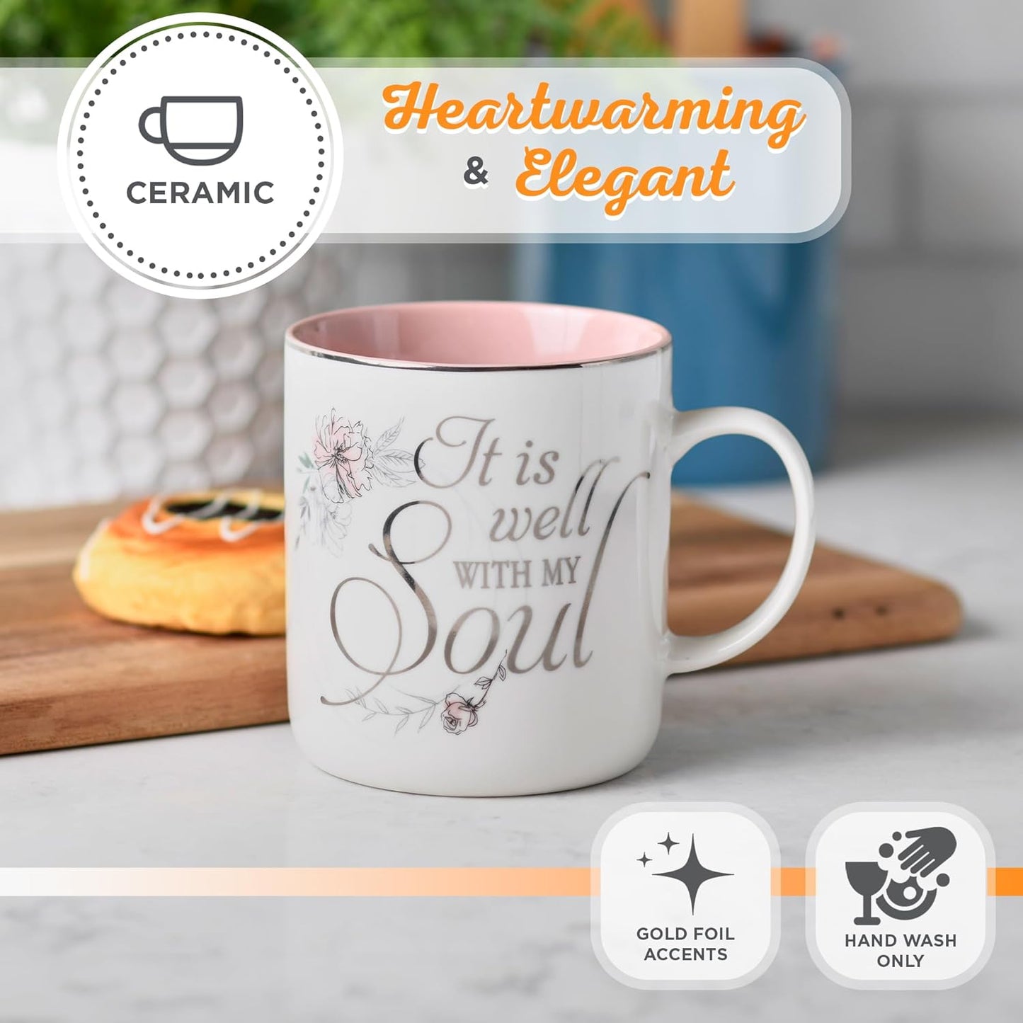 Christian Art Gifts Floral Pink Ceramic Coffee Mug – 14 oz. Lead and Cadmium-free, Non-toxic Inspirational Scripture Coffee and Tea Mug for Women with Worship Song and Hymn: It is Well with My Soul