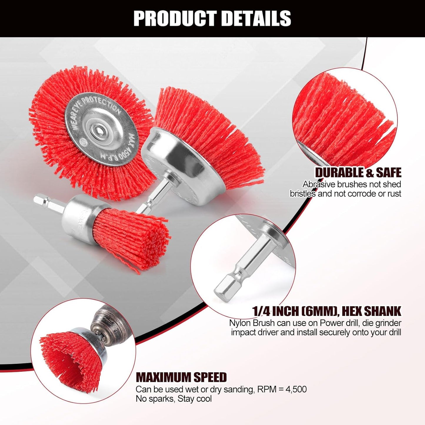 POLIWELL Nylon Abrasive Brush for Drill, 6 Pack Nylon Filament Wire Wheel & Cup Brush Set, 1/4 Inch Hex Shank, 3” and 2.6” Red Coarse Abrasive Bristle Drill Brushes for Paint, Corrosion, Rust Removal