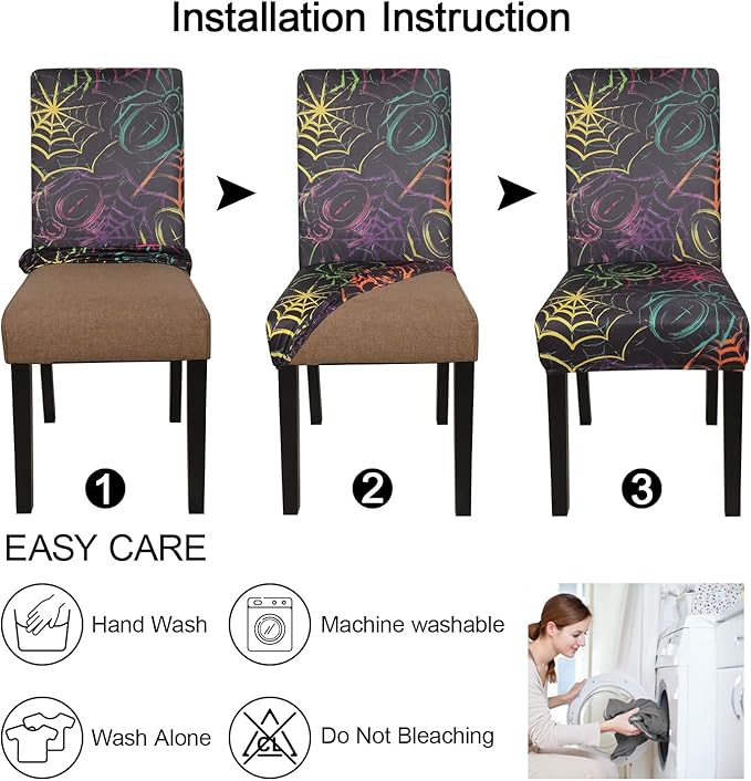 JQinHome Spider Halloween Chair Slipcover,Web Black Chair Covers Set of 6, High Stretch Washable Chair Protector Cover for Dining Room, Kitchen,Home Party,Wedding Ceremony(Spider,6PC)