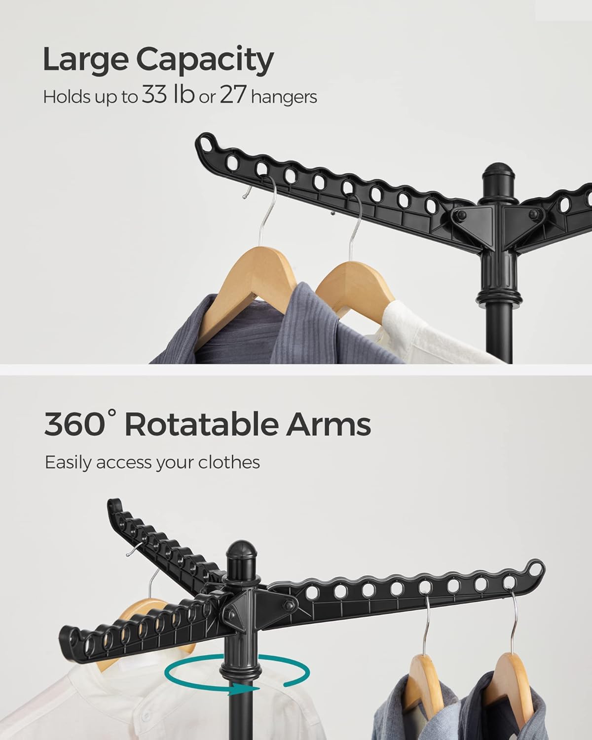 SONGMICS Clothes Drying Rack, 59-Inch Folding Laundry Drying Rack with 3 Rotatable Arms for Hangers, 4 Legs, Stainless Steel, for 27 Pieces of Clothes, Black ULLR510B01