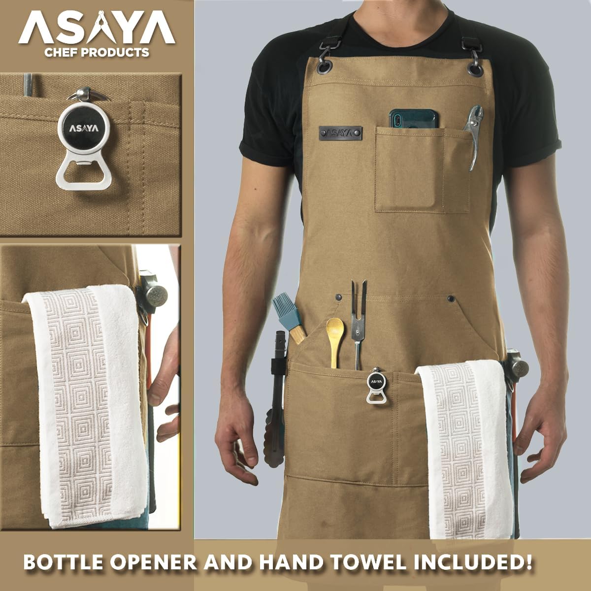 Asaya Chef and BBQ Apron with Bottle Opener and Hand Towel - 10oz Cotton Canvas, Stainless Steel Hardware - Cross Back Straps
