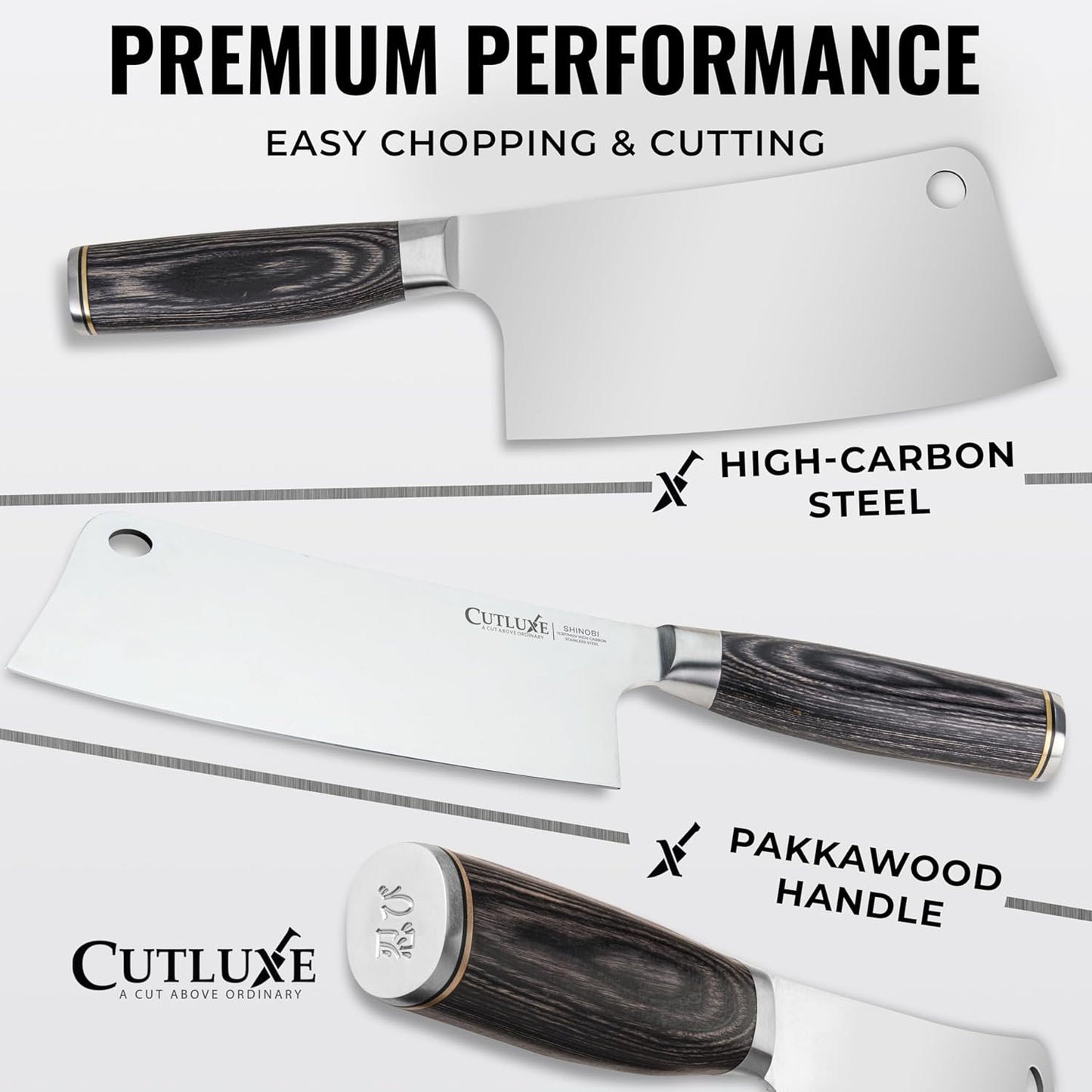Cutluxe Meat Cleaver Knife – Ultra Sharp 7" Meat Cleaver, Butcher Knife, High Carbon Stainless Steel Blade, Full Tang Pakkawood Handle – Shinobi Series