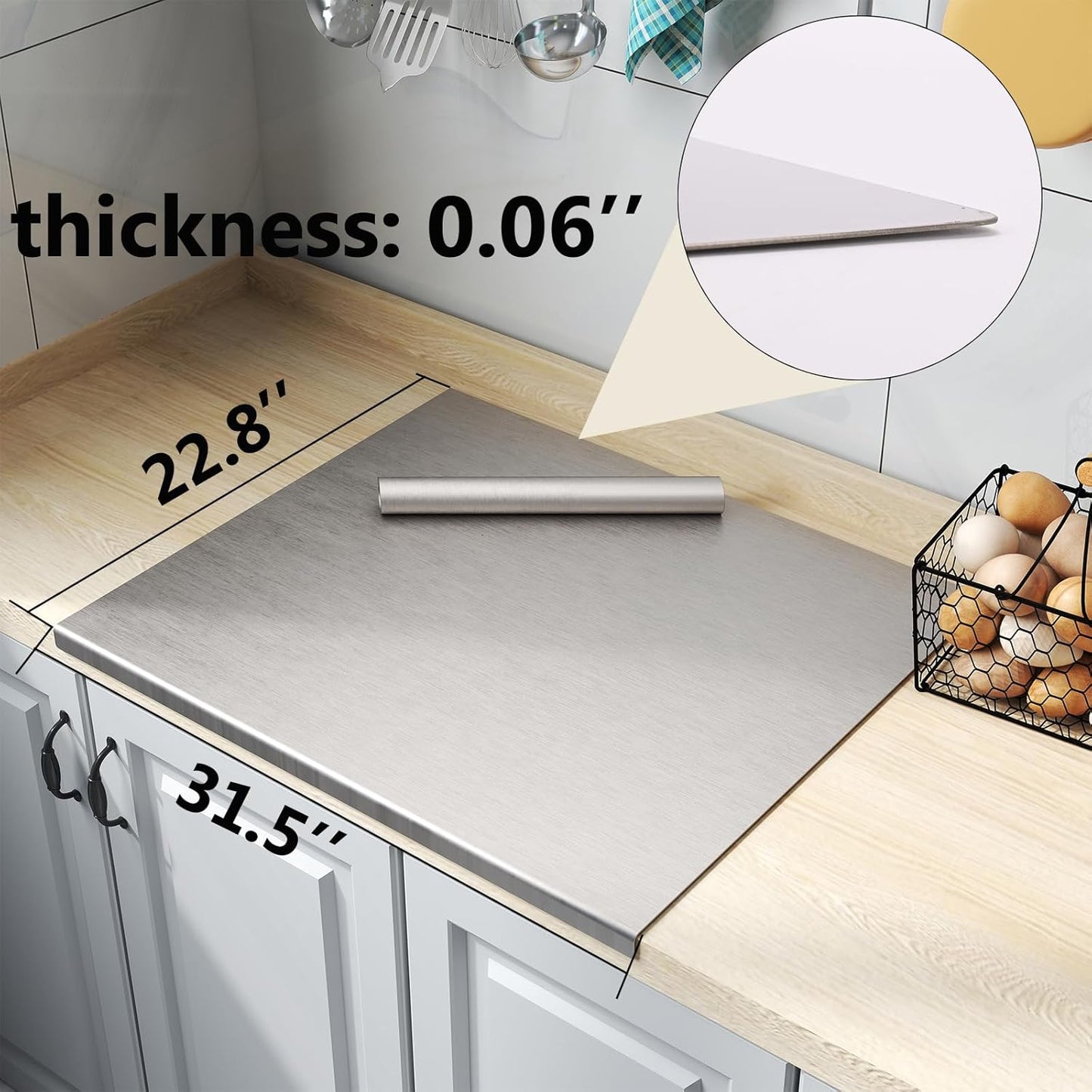 Stainless Steel Cutting Board with Lip 31.5" L X 22.8" W Large Cutting Board Metal Baking Board Non Stick Thick Board with Rolling Pin for Meat Fruits Vegetables Bread and Baking