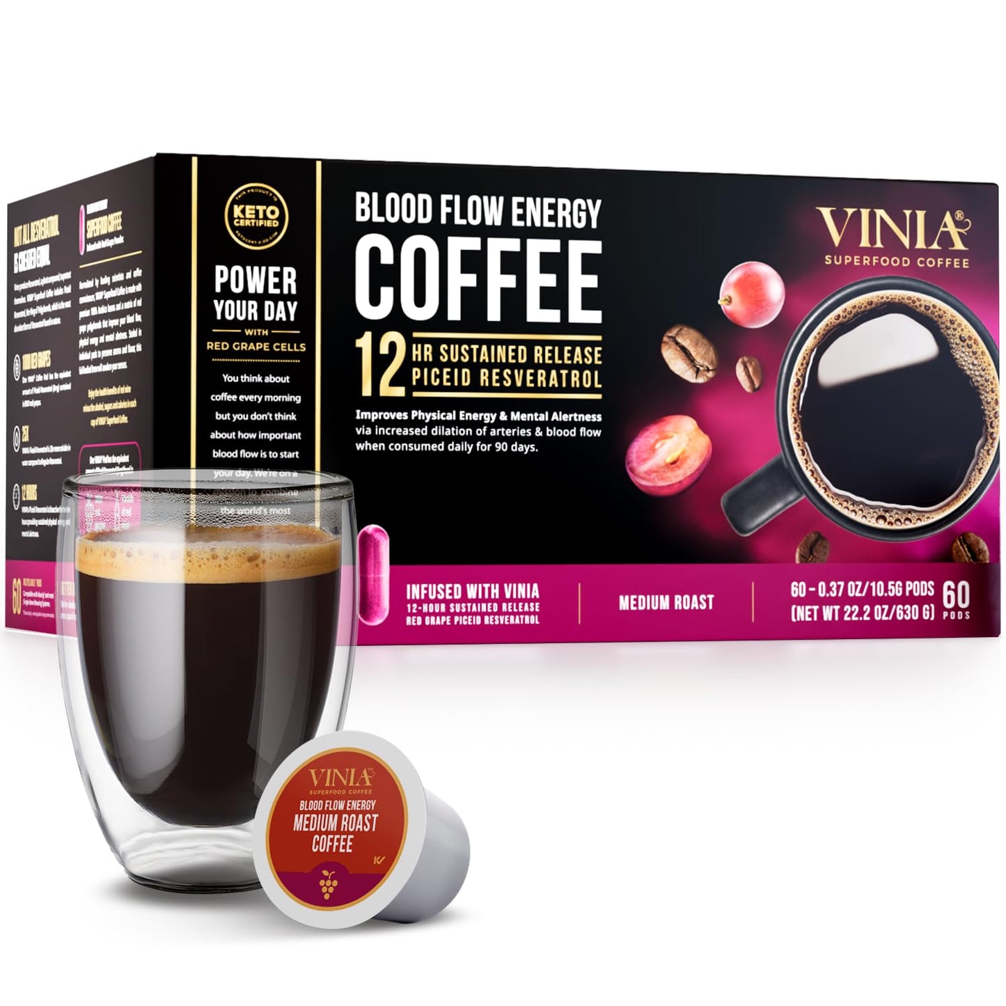 VINIA Blood Flow Energy Coffee Pods - Medium Roast Infused with Red Grape Piceid Resveratrol for Physical Energy & Mental Alertness, K Cup Compatible Superfood Coffee, Full-Bodied, 60 Count.