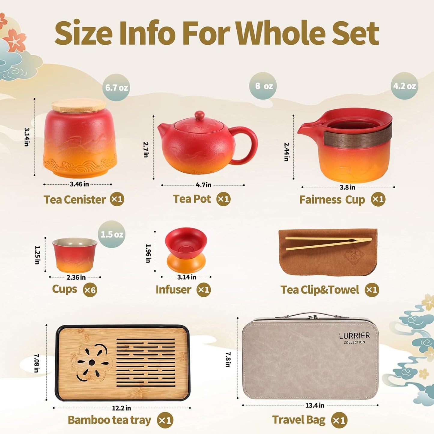 LURRIER Gongfu tea sets, Portable Ceramic TeaSet, Asian Tea sets for adult, Tea Gift sets, Grey leather case, Portable Travel Bag,Home,Gifting,Outdoor and Office(XRed and Orange)