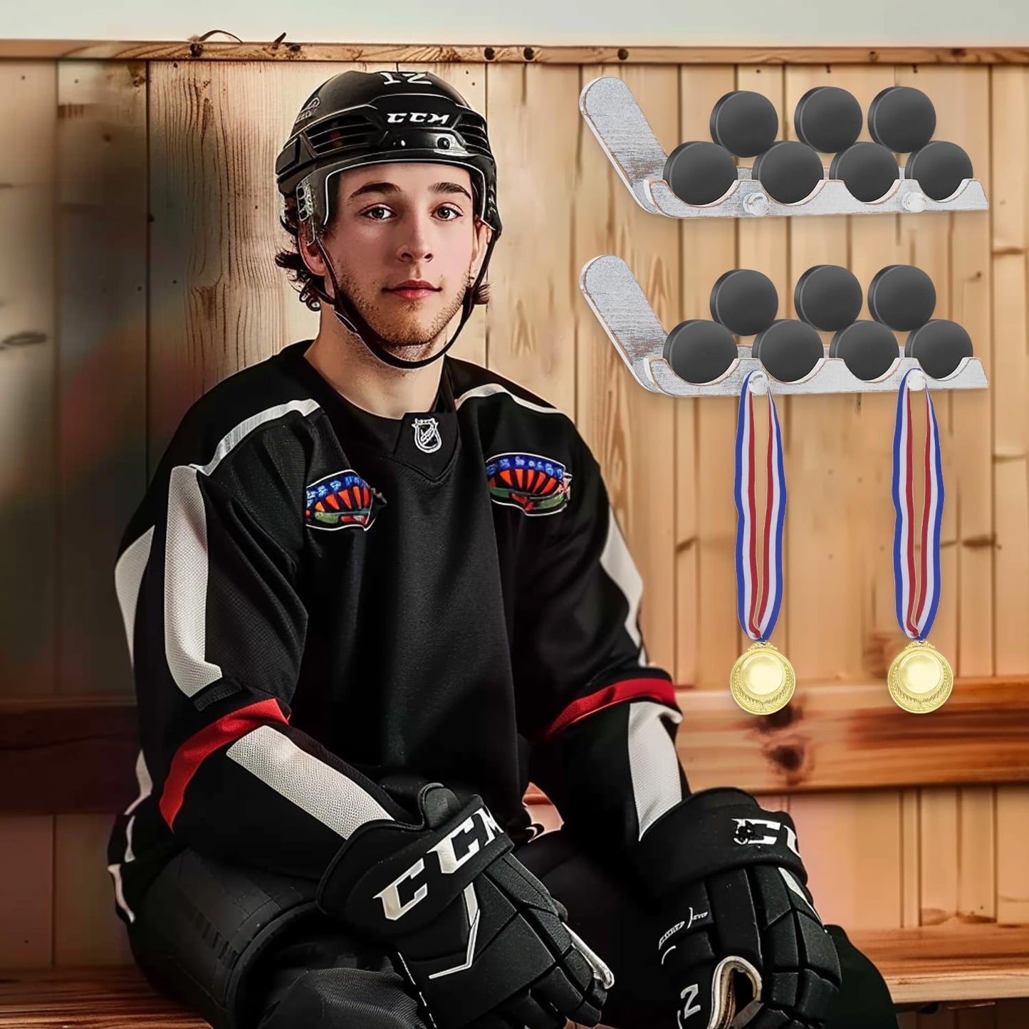 2 Pack Hockey Puck Display Cases Wooden Wall Mount Holder with Hook - Hockey Puck Holder Living Room Stick Decor Accessory for Player Team Gift - Oldwood