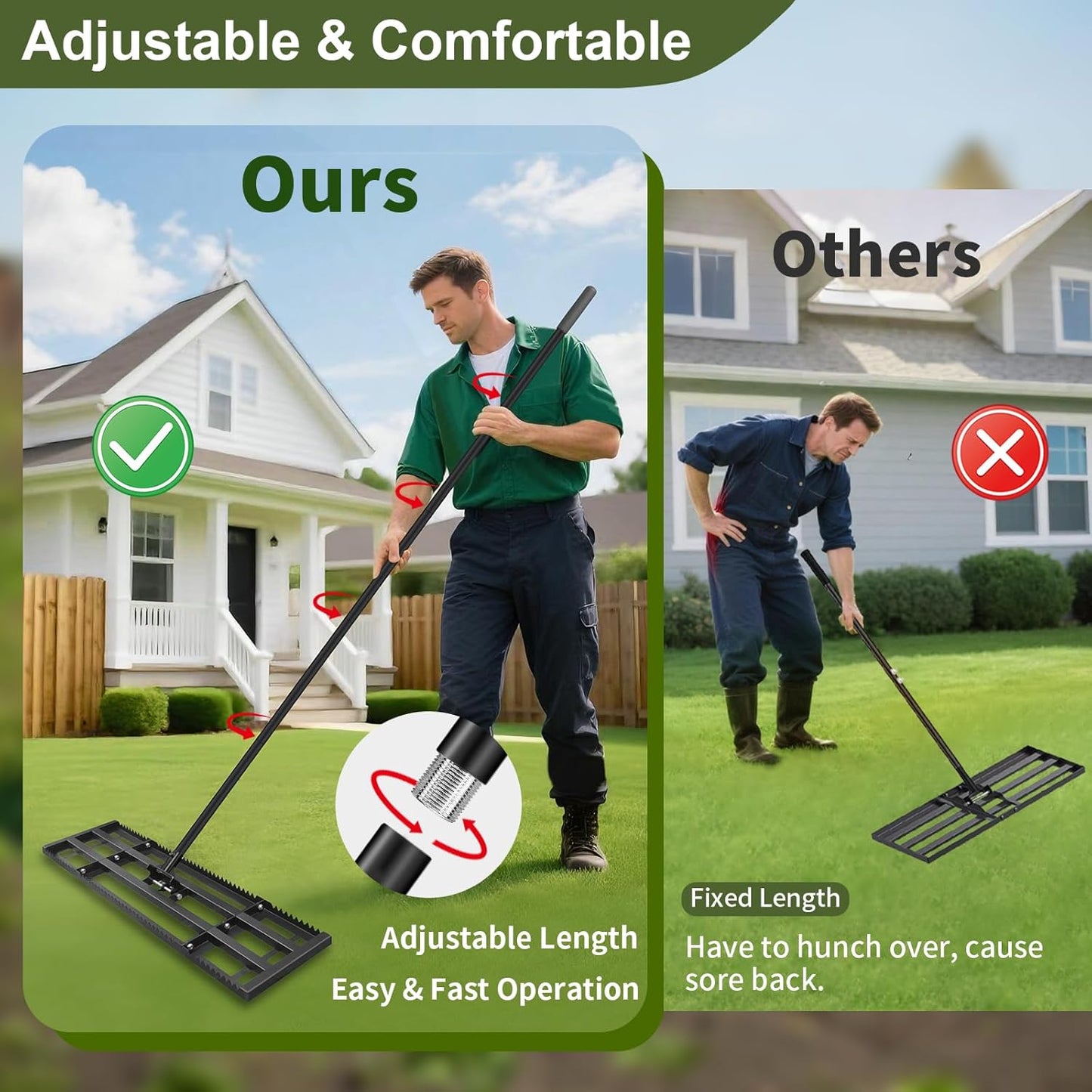 Lawn Leveling Rake-17"x10" Heavy Duty Leveler Reinforced Landscape Tool, Steel Lawn Rake with Serrated Edge & Smooth Plate for Level Soil Compost Sand Grass Dirt Yard Garden 6.5FT Adjustable Handle