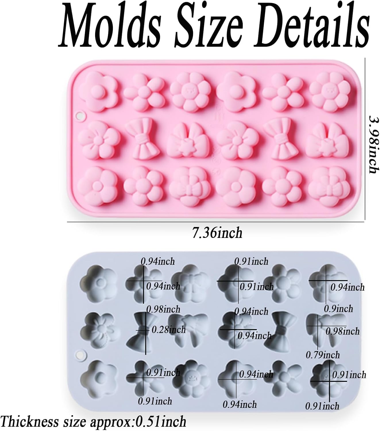 2 Pcs Flowers Silicone Chocolate Molds, 18-Cavity Different Flowers Bow Shape Molds Trays for Candy Chocolate Gummies Baking Jello Ice Cube Pudding Soap Cookie Desserts Making