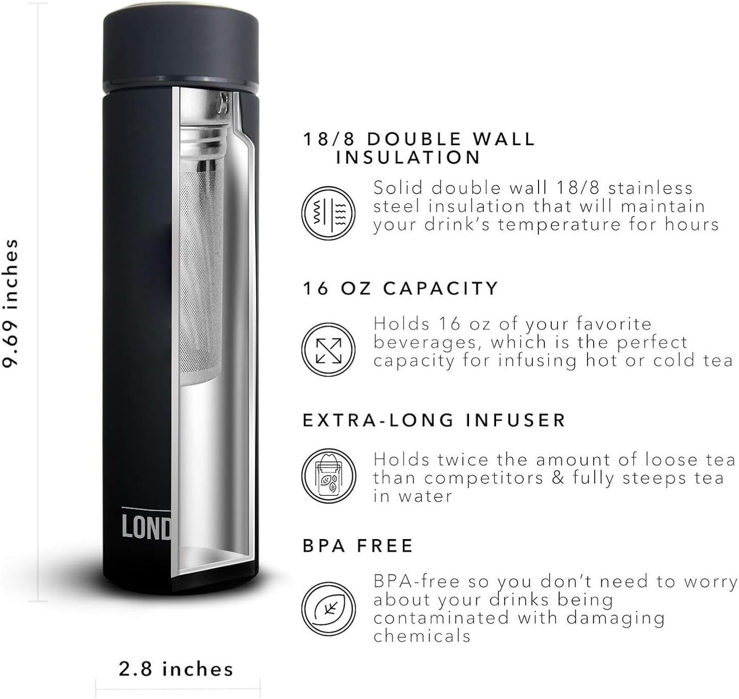 London Sip Multi-Purpose Travel Mug and Tumbler Fruit Infused Flask Hot and Cold Double Wall Stainless Steel Thermos with Extra-Long Infuser, Zen Black, Pack of 2