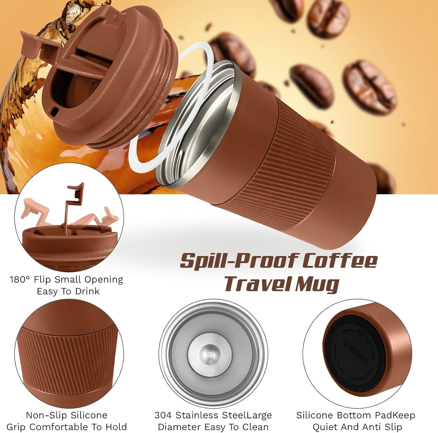 Vacuum-Insulated Stainless Steel Travel Coffee Mug, Leak-Proof Reusable Coffee Cup with Lid - Keep Hot & Cold Drinks for Hours, Durable Thermos Tumbler for Men & Women (3rd-Light Coffee, 12OZ)