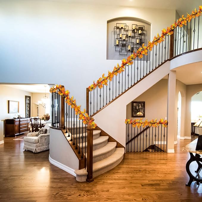 Lvydec 2 Pack Fall Maple Leaf Garland - 5.9ft/Piece Artificial Fall Foliage Garland Thanksgiving Decor for Home Wedding Party Christmas (Yellow)