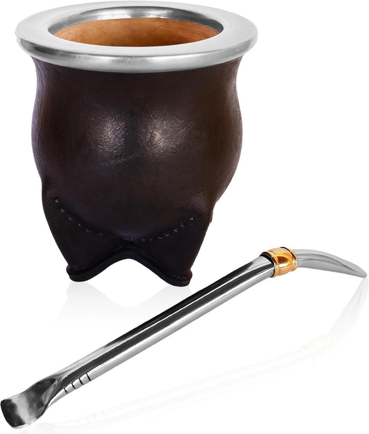 Authentic Artisan Yerba Mate Gift Set – Handmade 5.5" Natural Calabash Gourd with Leather Cover + Stainless Steel Bombilla – Traditional Argentine Kit (Gift Ready)