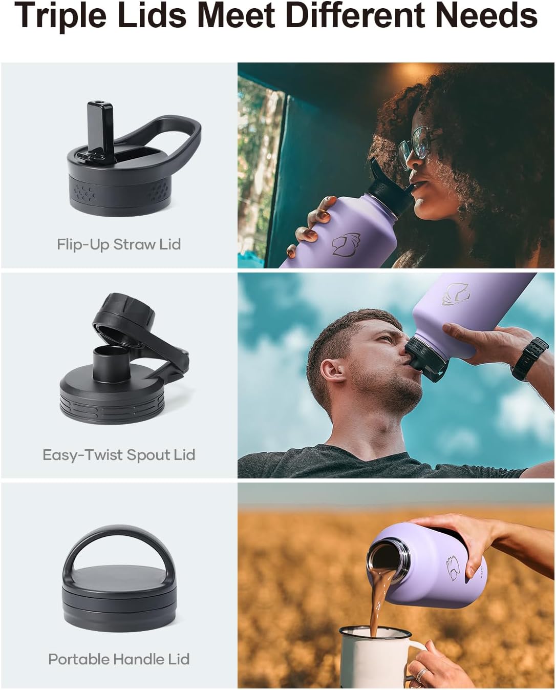 BUZIO 64 oz Water Bottle Insulated with Straw & 3 lid and Carrying Pouch, Leak Proof Half Gallon Stainless Steel Water Flask Jug, Cold for 48 Hrs Double Vacuum Thermo Canteen, BPA-Free, Purple