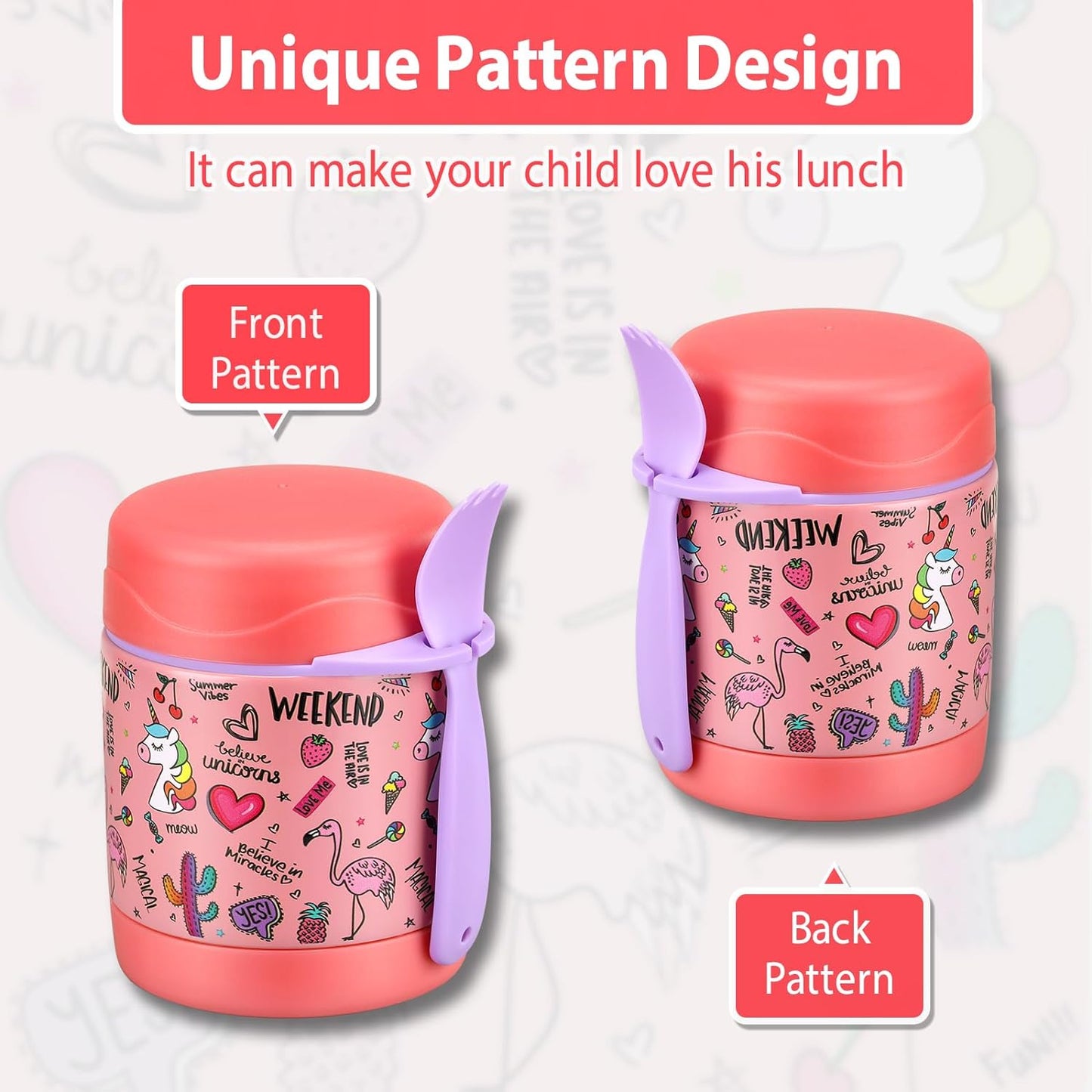 10oz Soup Thermo for Hot Food Kids,Lunch Thermo Kids Food Jar with Spoon Hot Insulated Food Containers,Leak Proof Stainless Steel Wide Mouth Lunch Food Thermo Jar for School(Pink-Flamingo)