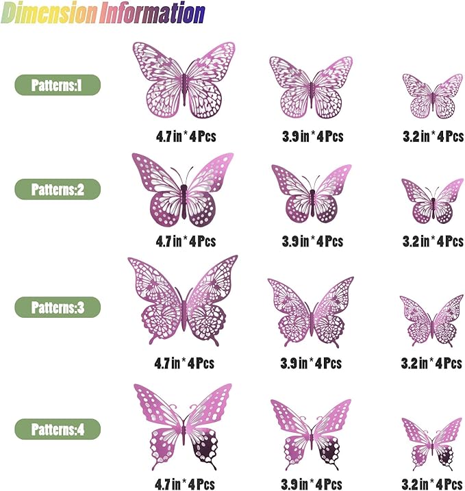 SAOROPEB 3D Butterfly Wall Decor - 48 Pcs, 4 Styles, 3 Sizes, Removable Stickers for Birthday & Party Decorations (Lavender)
