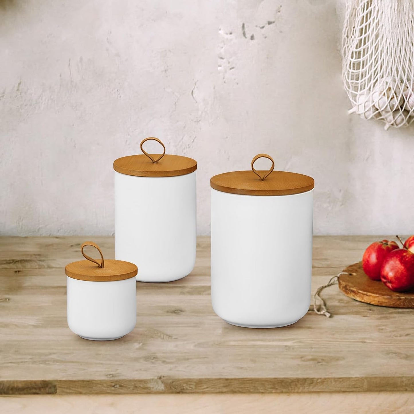 Ceramic Storage Jars, Modern Elegant Highly Polished Airtight Gorgeous Storage Canisters with Wooden Lid Small Food Stroage Jar for Kitchen Spice Tea Vanilla Sugar Coffee Beans (White trumpet)