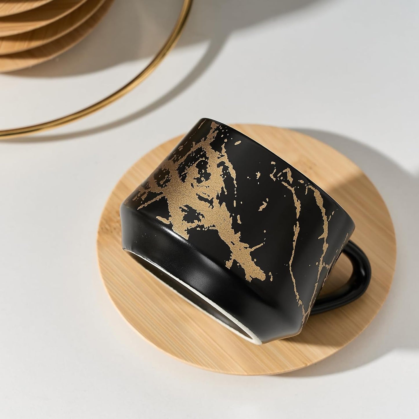 LUKA Ceramic Espresso Cups with Saucers and Metal Stand, Small 4 oz Porcelain Demitasse Cups Set of 6, Cute Cappuccino Coffee Cups for Double Espresso, Tea, Marbling Black