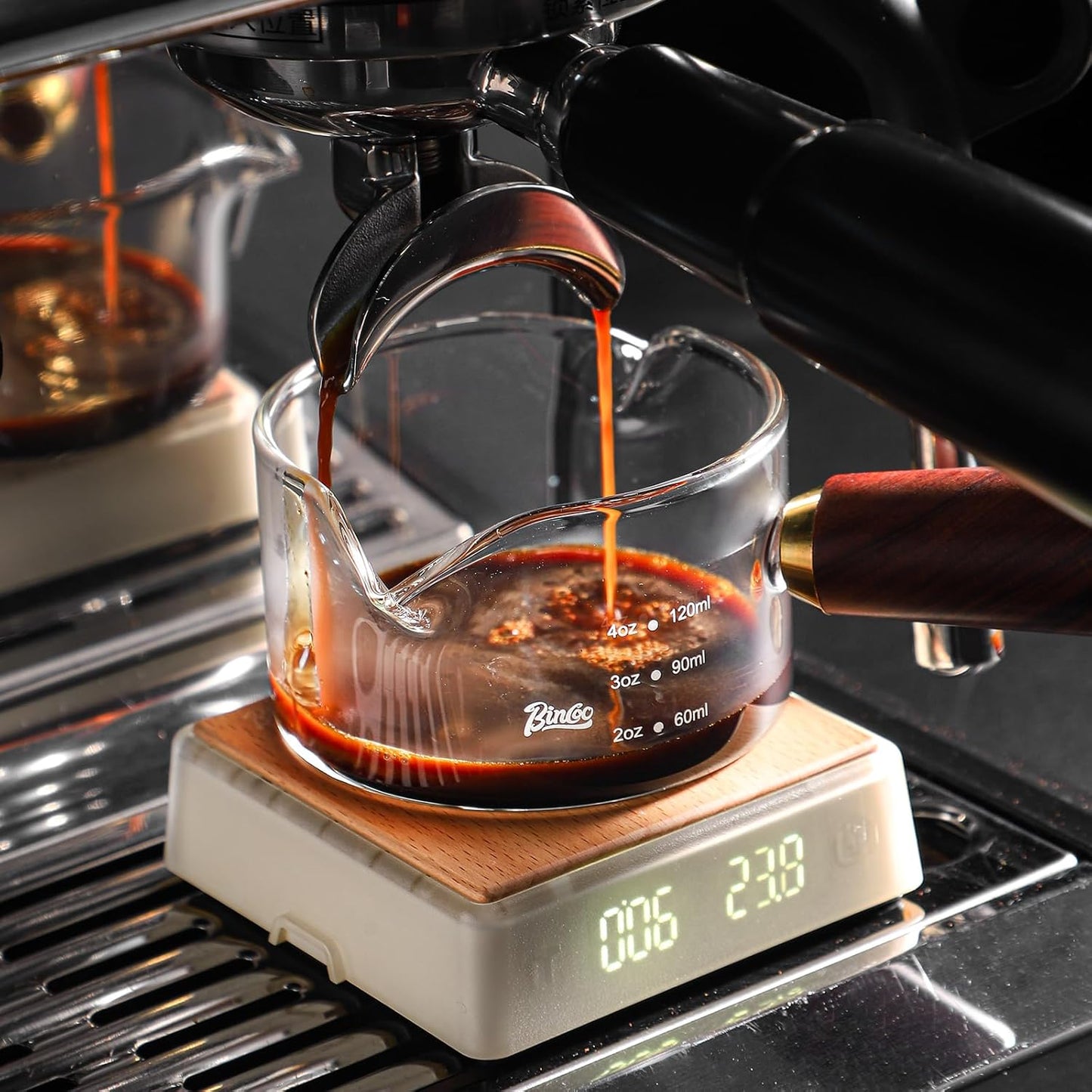 Espresso Shot Glasses with Wood Handle - 120ml Glass Coffee Bean Dosing Cup with Dual Spout,Clear Espresso Measuring Cup Glass for Barista Coffee Measure