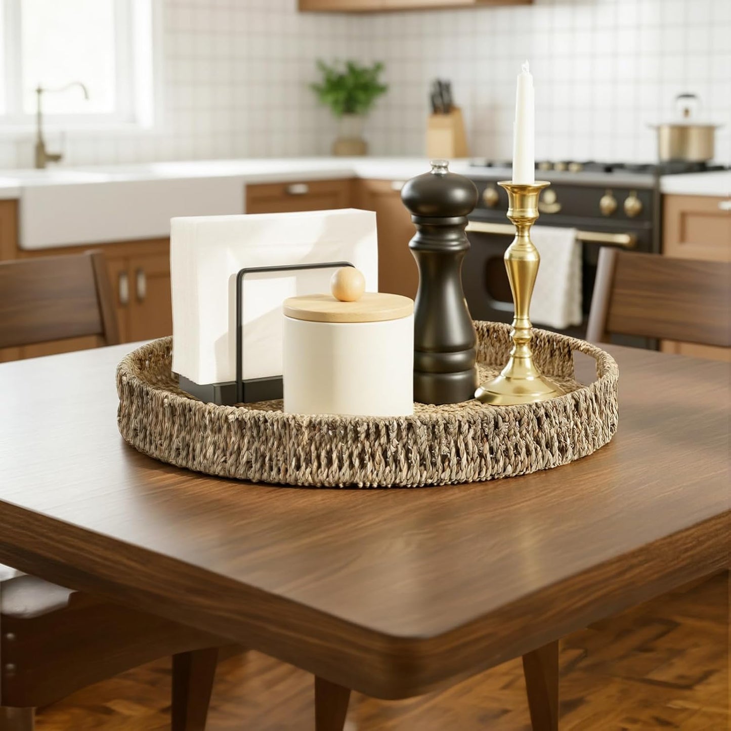 Round Ottoman Tray Large Wicker Serving Tray with Handles for Coffee Table, 16 Inch Handwoven Natural Seagrass Tray