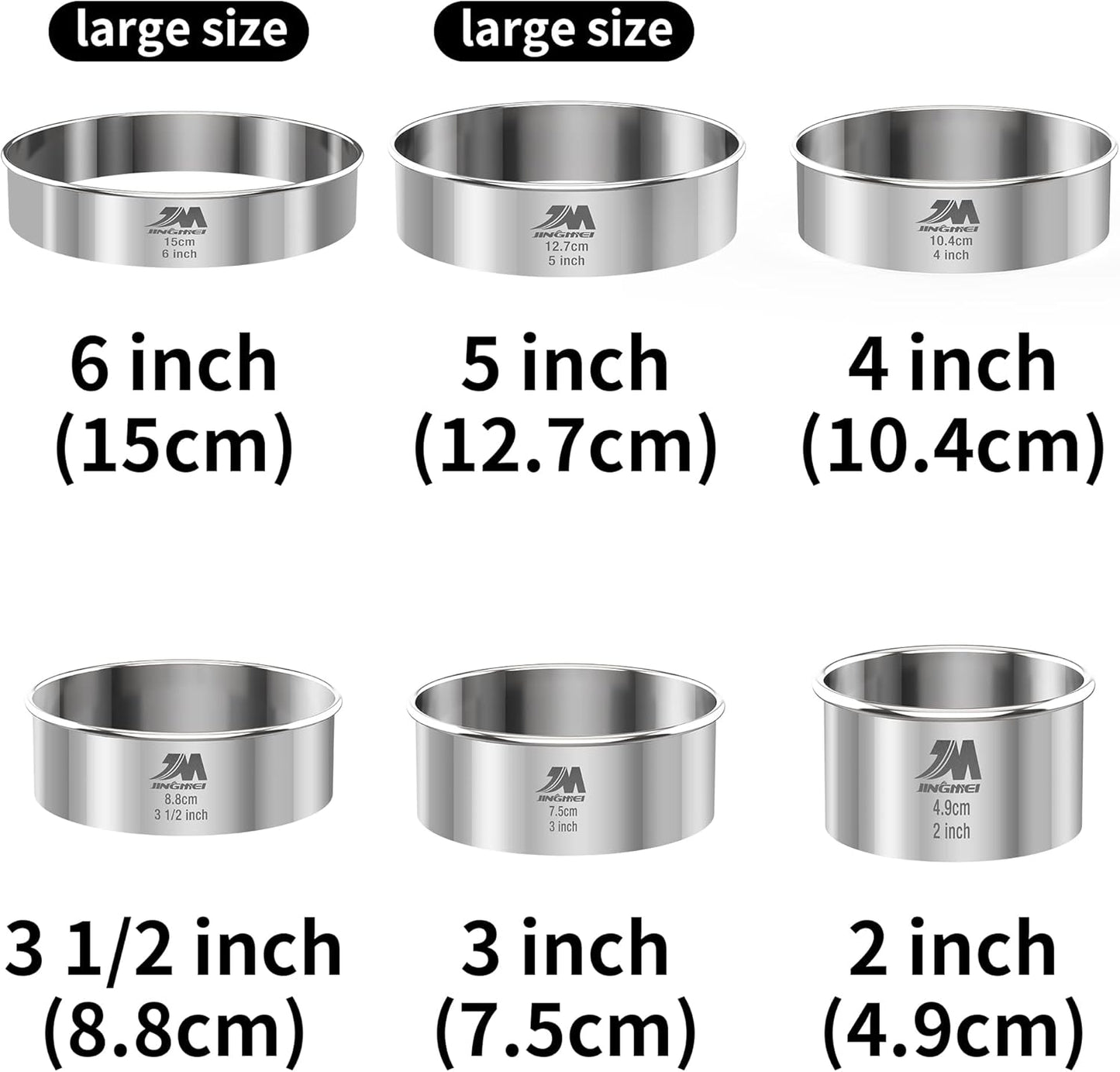 M JNGMEI 6 Pieces Stainless Steel Cookie Biscuit Cutter Set 2'', 3'',3.5'', 4'',5''and6'' Biscuit Plain Edge Round Cutters large Sizes Shape Molds Ranging from 2-6 Inches Multiple Sizes