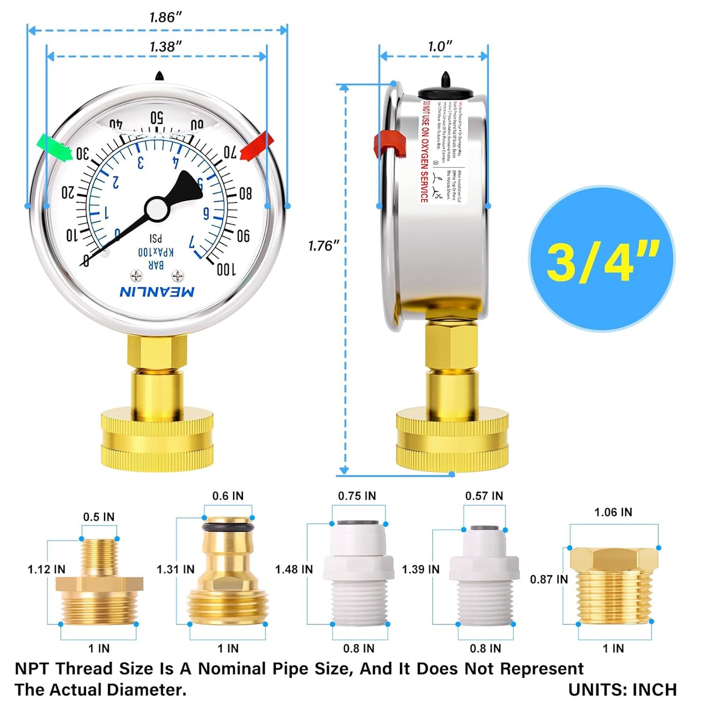 MEANLIN MEASURE 0~100Psi Stainless Steel Frame 3/4" Female Liquid Filled Pressure Gauge kit Plus 5 adapters, 2.5" FACE DIAL Multi-Purpose Pressure Gauge kit for Gardens, Water Pipes with 2PCS Snaps
