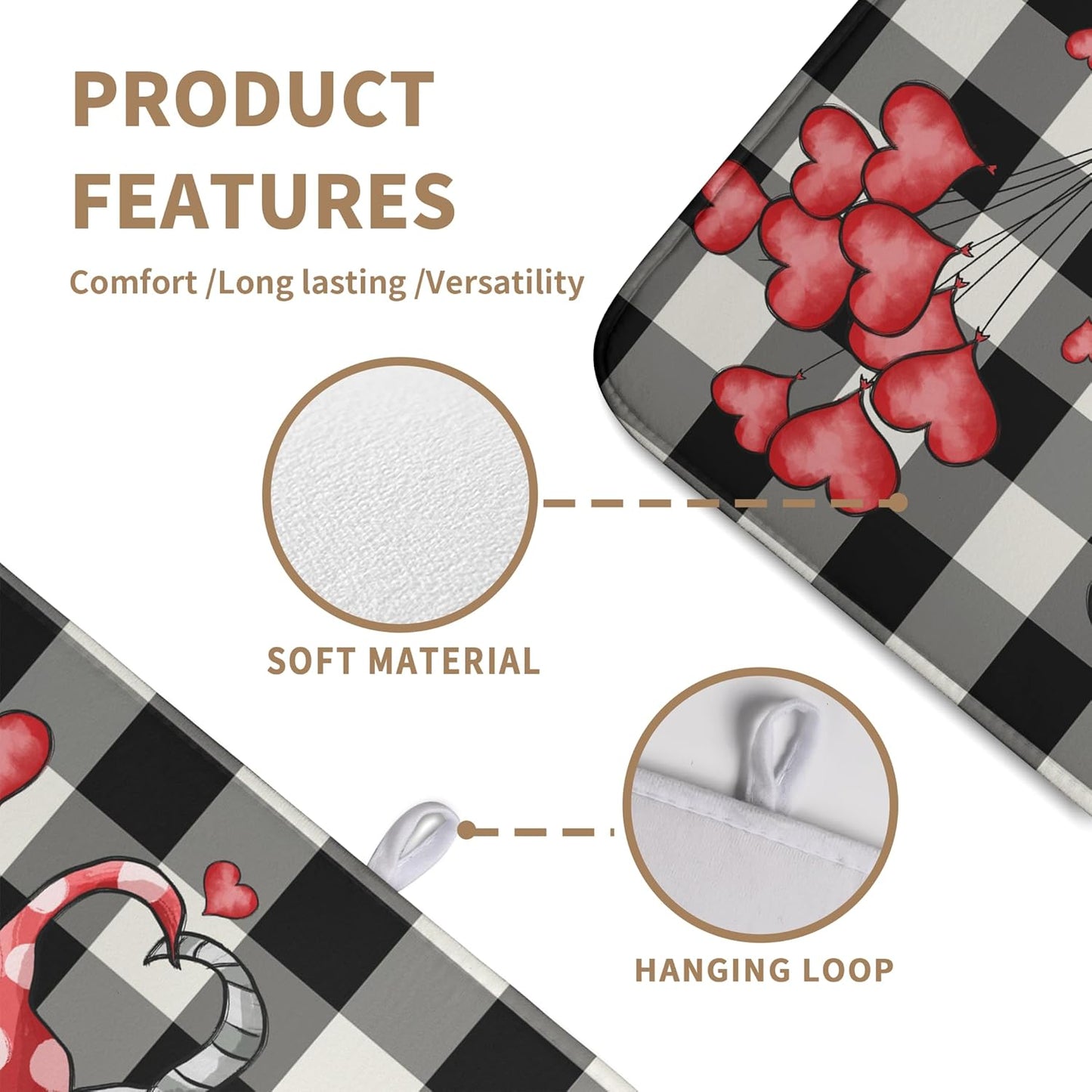 Valentine Gnome Hearts Dish Drying Mat Valentines Gnomes Dishes Dryer Mats for Kitchen Countertop 18x24 Inches Under Coffee Maker Drainer Matt Microfiber Large