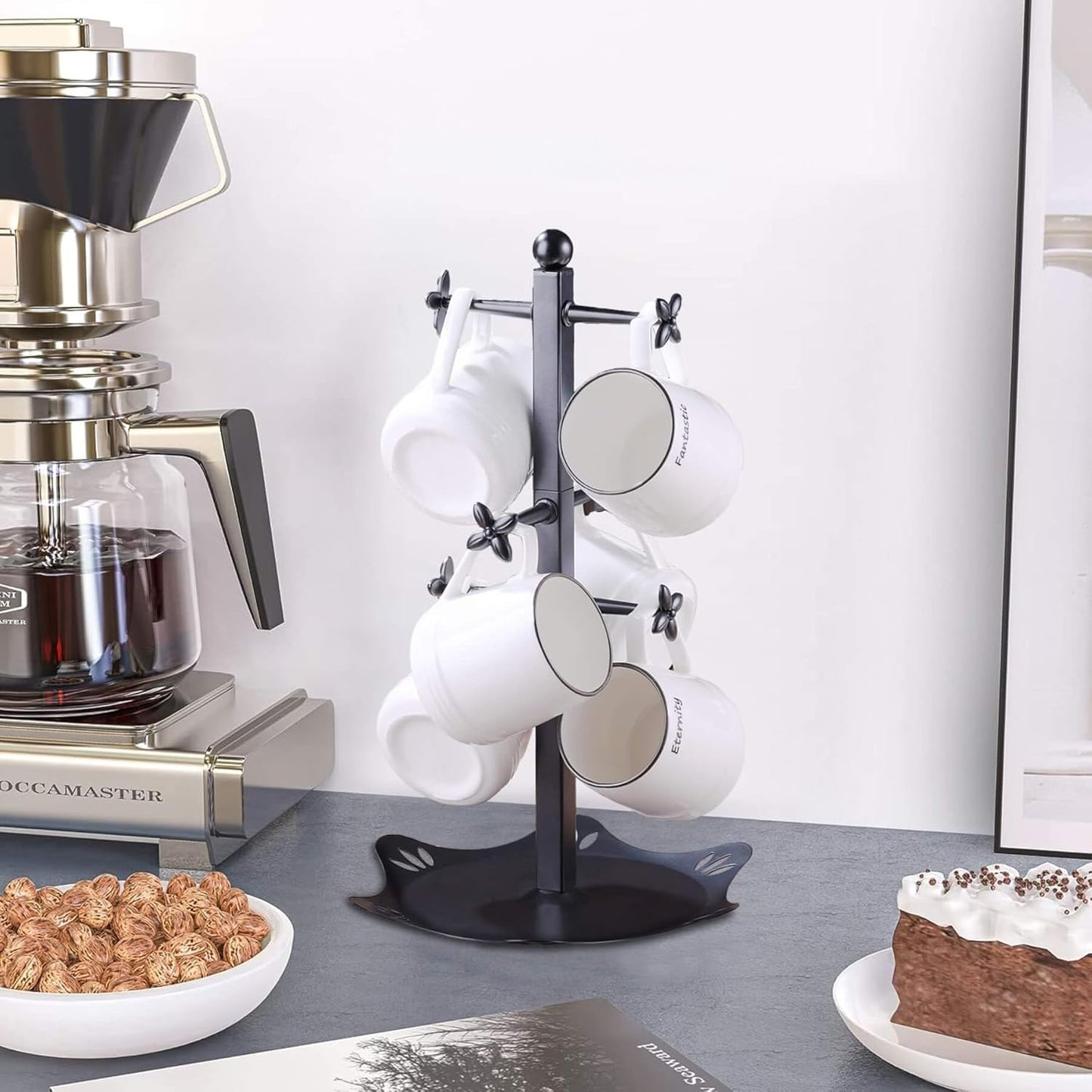 Coffee Mug Holder for Countertop, Cup Holder with 6 Hooks, Mug Stand for Counter, Coffee Bar Accessory, Mug Tree Station Organizer, Black