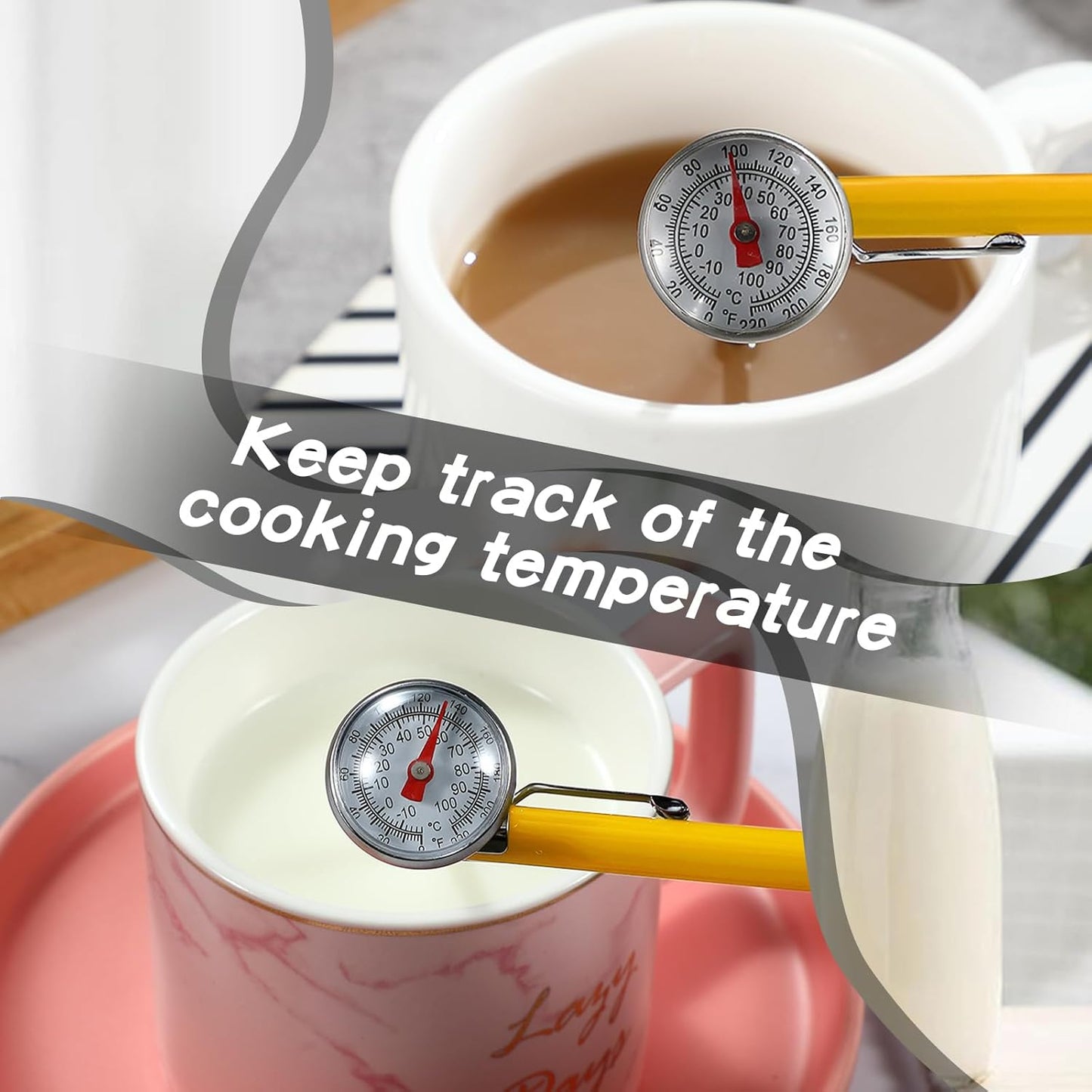 Xuhal 6 Pcs Stainless Steel Kitchen Thermometer with 5 Inch Long Stem 1 Inch Dial Thermometer Milk Frothing Food for Oven Probe Meat Grill BBQ Cooking Chocolate Water(Yellow)